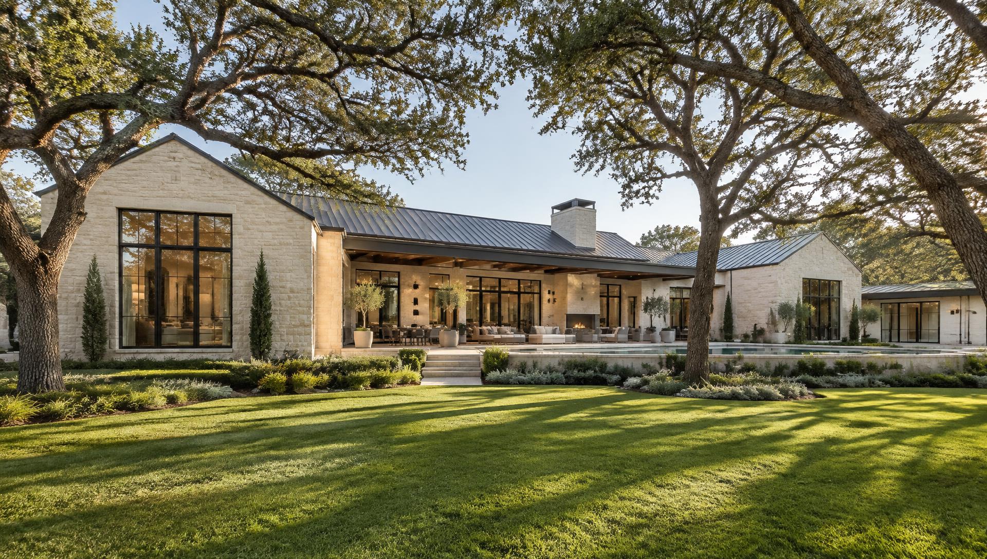 Illustrative North Texas limestone home with mature oak trees